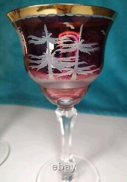 Vintage Bohemian Moser Cut Crystal Wildlife Glasses Set Of 3 RARE Gilt