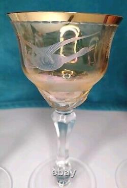 Vintage Bohemian Moser Cut Crystal Wildlife Glasses Set Of 3 RARE Gilt