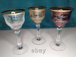 Vintage Bohemian Moser Cut Crystal Wildlife Glasses Set Of 3 RARE Gilt