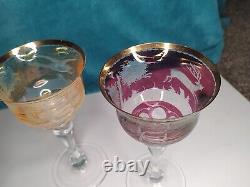 Vintage Bohemian Moser Cut Crystal Wildlife Glasses Set Of 3 RARE Gilt
