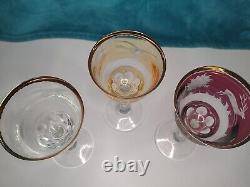 Vintage Bohemian Moser Cut Crystal Wildlife Glasses Set Of 3 RARE Gilt