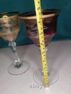 Vintage Bohemian Moser Cut Crystal Wildlife Glasses Set Of 3 RARE Gilt