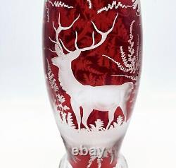 Vintage Bohemian Ruby Red Crystal Vase Cut to Clear Glass Czechoslovakia Stag