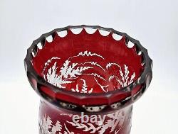 Vintage Bohemian Ruby Red Crystal Vase Cut to Clear Glass Czechoslovakia Stag