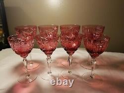 Vintage Bohemian Set of 8- Cranberry Cut To Clear Crystal Wine Glasses/Goblets