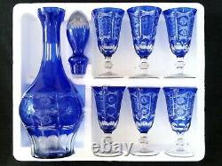 Vintage Bohemian hand cut Blue to Clear crystal decanter & 6 wine goblets