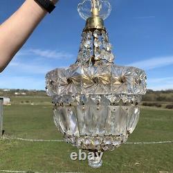 Vintage Brass Cut Glass Crystal Bag Chandelier Ceiling Light Fitting