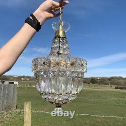 Vintage Brass Cut Glass Crystal Bag Chandelier Ceiling Light Fitting