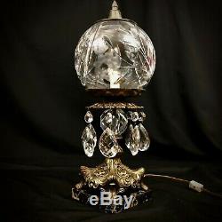 Vintage Brass Lamp Cut Glass Globe Crystal Table Lamp w Prisms Marble Base