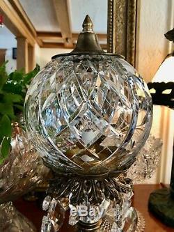 Vintage Brass Lamp Cut Glass Globe Crystal Table Lamp w Prisms Marble Base