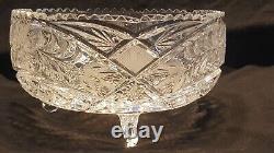 Vintage Brilliant Jewish Cut Glass 3 Legged Crystal Bowl 9 Wide Fruit Salad