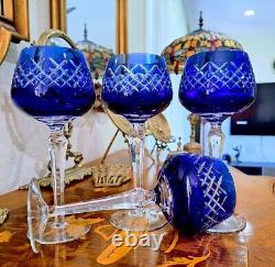 Vintage COBALT BLUE Wine Glasses Goblets Hock Cut-to-Clear Set of 4