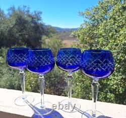 Vintage COBALT BLUE Wine Glasses Goblets Hock Cut-to-Clear Set of 4