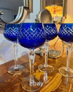 Vintage COBALT BLUE Wine Glasses Goblets Hock Cut-to-Clear Set of 4