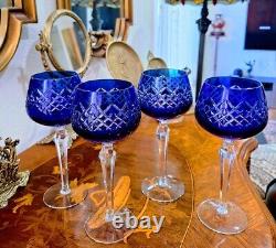 Vintage COBALT BLUE Wine Glasses Goblets Hock Cut-to-Clear Set of 4