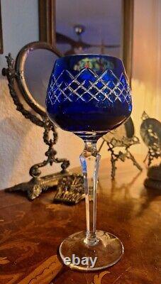 Vintage COBALT BLUE Wine Glasses Goblets Hock Cut-to-Clear Set of 4
