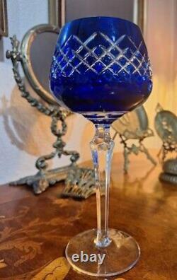 Vintage COBALT BLUE Wine Glasses Goblets Hock Cut-to-Clear Set of 4