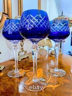 Vintage COBALT BLUE Wine Glasses Goblets Hock Cut-to-Clear Set of 4