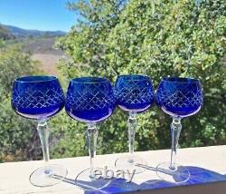 Vintage COBALT BLUE Wine Glasses Goblets Hock Cut-to-Clear Set of 4
