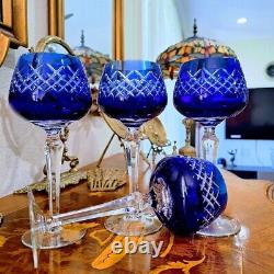 Vintage COBALT BLUE Wine Glasses Goblets Hock Cut-to-Clear Set of 4