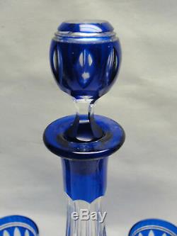 Vintage COBALT Cut to Clear Crystal CORDIAL / APERITIF DECANTER + 4 GOBLETS