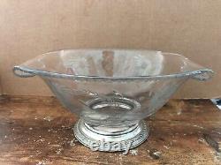 Vintage CUT CRYSTAL GLASS Serving Bowl with STERLING BASE Neat Shape FLOWERS