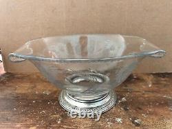 Vintage CUT CRYSTAL GLASS Serving Bowl with STERLING BASE Neat Shape FLOWERS