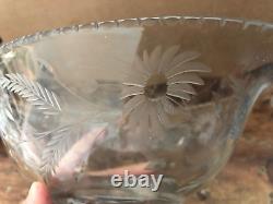 Vintage CUT CRYSTAL GLASS Serving Bowl with STERLING BASE Neat Shape FLOWERS