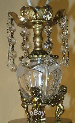 Vintage Chandelier swag Lamp Cherub cut crystal brass Glass nursery lighting