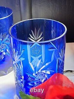 Vintage Cobalt Blue Crystal Cut-to-Clear Czech Bohemian 4 Glasses Barware