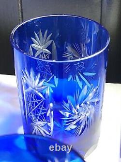 Vintage Cobalt Blue Crystal Cut-to-Clear Czech Bohemian 4 Glasses Barware