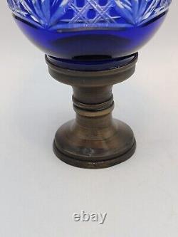 Vintage Cobalt Blue Cut To Clear Crystal Glass Egg Figurine On Pedestal Base 8