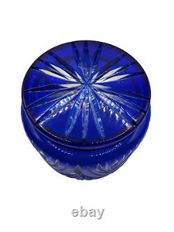 Vintage Cobalt Blue Cut To Clear Glass Crystal Large Bowl