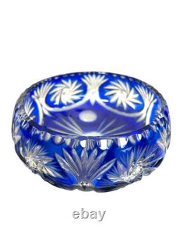 Vintage Cobalt Blue Cut to Clear Bohemian Crystal Bowl Hand Cut Lead Crystal