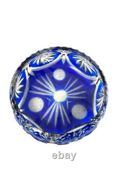 Vintage Cobalt Blue Cut to Clear Bohemian Crystal Bowl Hand Cut Lead Crystal