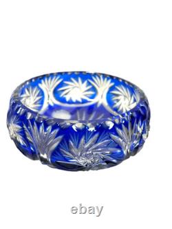 Vintage Cobalt Blue Cut to Clear Bohemian Crystal Bowl Hand Cut Lead Crystal