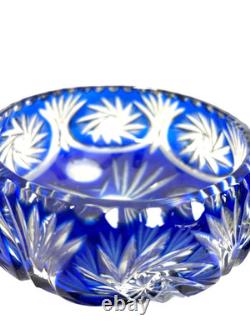 Vintage Cobalt Blue Cut to Clear Bohemian Crystal Bowl Hand Cut Lead Crystal