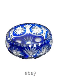 Vintage Cobalt Blue Cut to Clear Bohemian Crystal Bowl Hand Cut Lead Crystal
