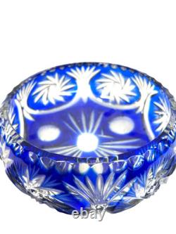 Vintage Cobalt Blue Cut to Clear Bohemian Crystal Bowl Hand Cut Lead Crystal