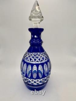 Vintage Cobalt Blue Cut to Clear Crystal Decanter with Stopper 11 Bohemian