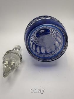 Vintage Cobalt Blue Cut to Clear Crystal Decanter with Stopper 11 Bohemian