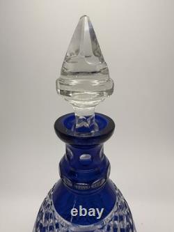 Vintage Cobalt Blue Cut to Clear Crystal Decanter with Stopper 11 Bohemian