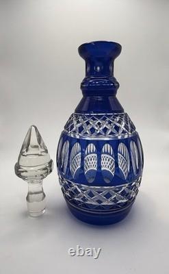 Vintage Cobalt Blue Cut to Clear Crystal Decanter with Stopper 11 Bohemian