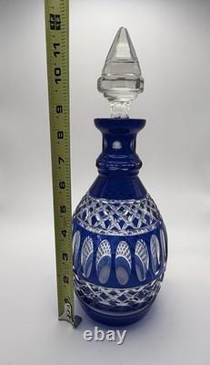 Vintage Cobalt Blue Cut to Clear Crystal Decanter with Stopper 11 Bohemian