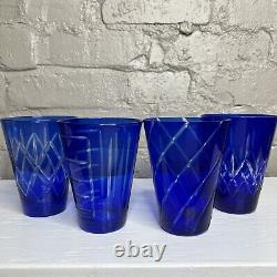 Vintage Cobalt Blue Cut to Clear Old Fashion Glasses Cocktail Drinking Set of 4