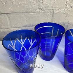 Vintage Cobalt Blue Cut to Clear Old Fashion Glasses Cocktail Drinking Set of 4