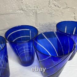 Vintage Cobalt Blue Cut to Clear Old Fashion Glasses Cocktail Drinking Set of 4