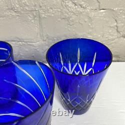 Vintage Cobalt Blue Cut to Clear Old Fashion Glasses Cocktail Drinking Set of 4