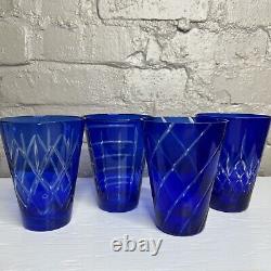 Vintage Cobalt Blue Cut to Clear Old Fashion Glasses Cocktail Drinking Set of 4