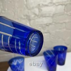 Vintage Cobalt Blue Cut to Clear Old Fashion Glasses Cocktail Drinking Set of 4